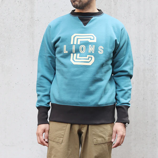 ATHLETIC SWEAT SHIRT LIONS / 1940s STYLE SWEAT SHIRT / MEDIUM WEIGHT FLEECE / SAX × SOOT BLACK