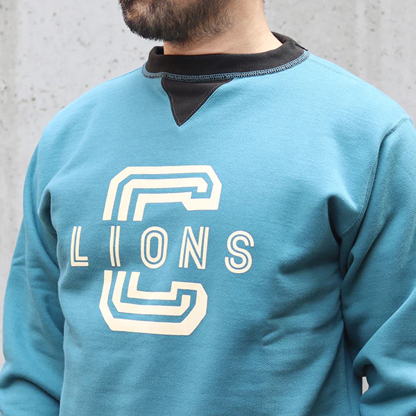 ATHLETIC SWEAT SHIRT LIONS / 1940s STYLE SWEAT SHIRT / MEDIUM WEIGHT FLEECE / SAX × SOOT BLACK - Image 6