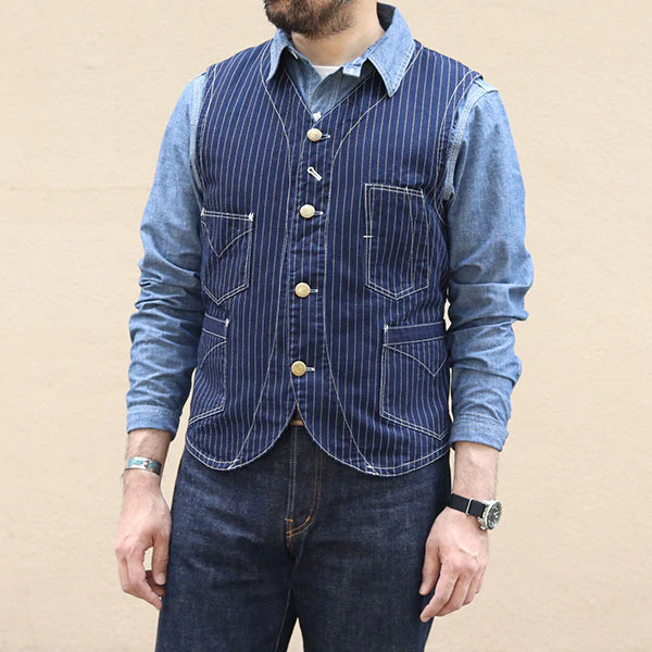 CONDUCTOR VEST / LATE 1800s STYLE WORK CLOTHING / INDIGO WABASH STRIPE - Image 14