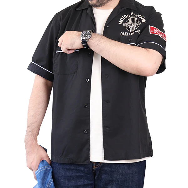 LOVE IT UP / ZIPCO SHORT SLEEVE SHIRT / 1960s~ STYLE GARAGE WORK SHIRT / MOTOR PSYCLONE GARAGE SERIES / BLACK × OFF-WHITE - Image 4