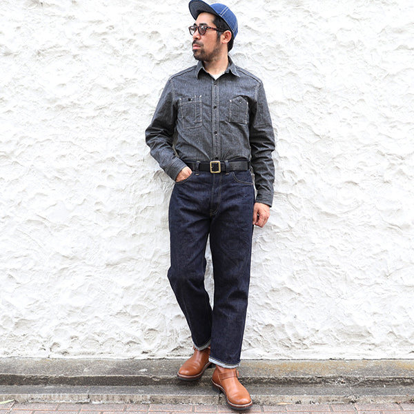 CHAMBRAY WORK SHIRT / 1940s STYLE WORK SHIRT / BLACK - Image 16