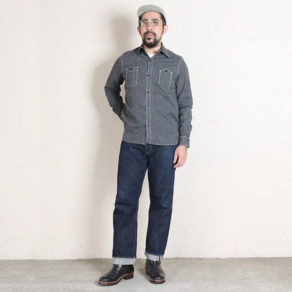 CHAMBRAY WORK SHIRT / 1940s STYLE WORK SHIRT / BLACK - Image 5
