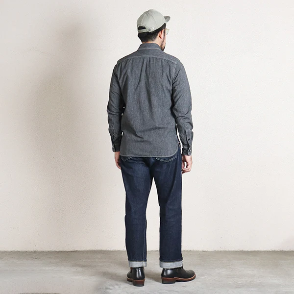 CHAMBRAY WORK SHIRT / 1940s STYLE WORK SHIRT / BLACK - Image 6