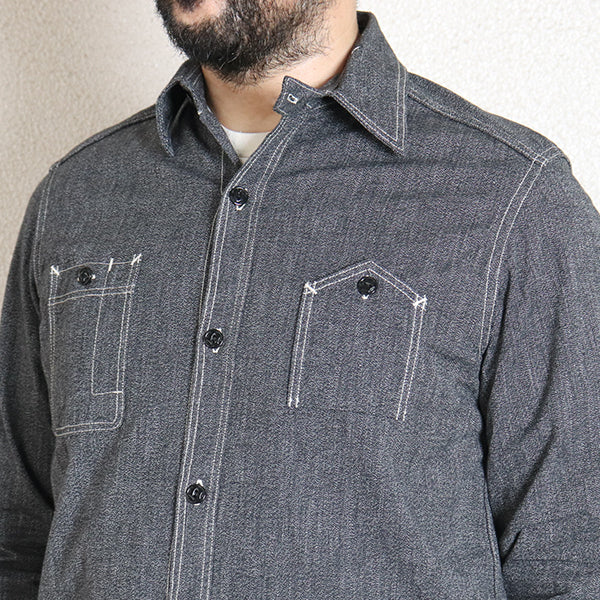CHAMBRAY WORK SHIRT / 1940s STYLE WORK SHIRT / BLACK - Image 8