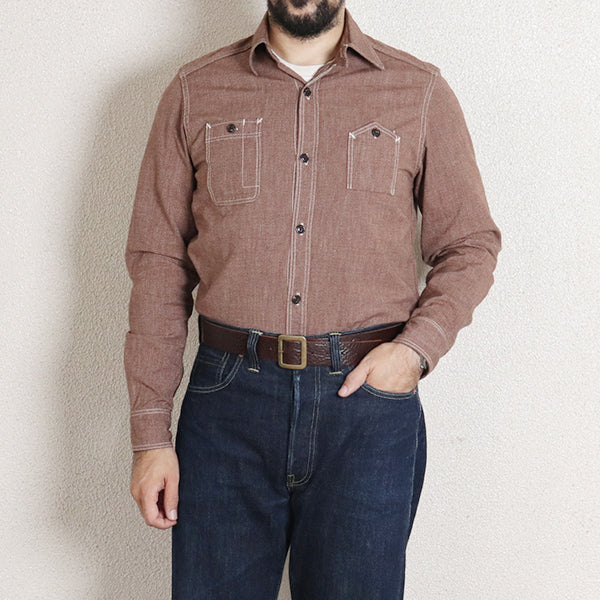CHAMBRAY WORK SHIRT / 1940s STYLE WORK SHIRT / BROWN - Image 4