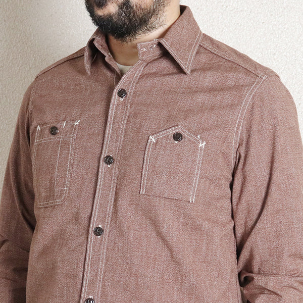 CHAMBRAY WORK SHIRT / 1940s STYLE WORK SHIRT / BROWN - Image 8