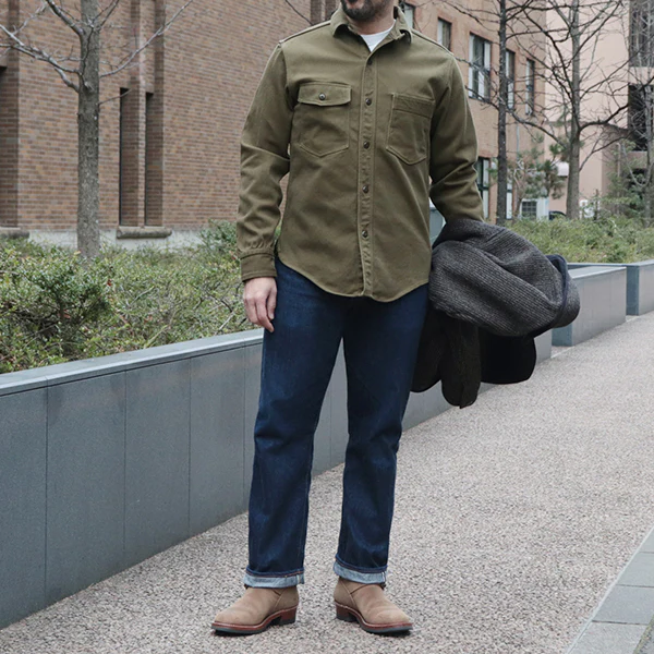 GEMSA WORK SHIRT / ORIGINAL COTTON HARD TWIST KERSEY / KHAKI OLIVE - Image 4