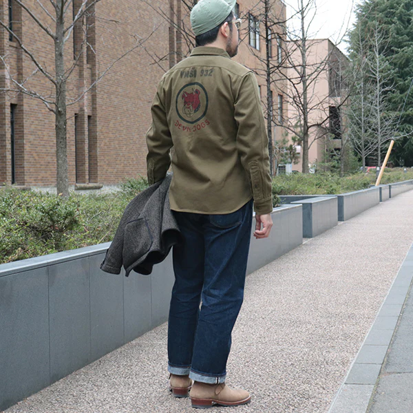 GEMSA WORK SHIRT / TEUFELHUND / ORIGINAL COTTON HARD TWIST KERSEY / KHAKI OLIVE - Image 6