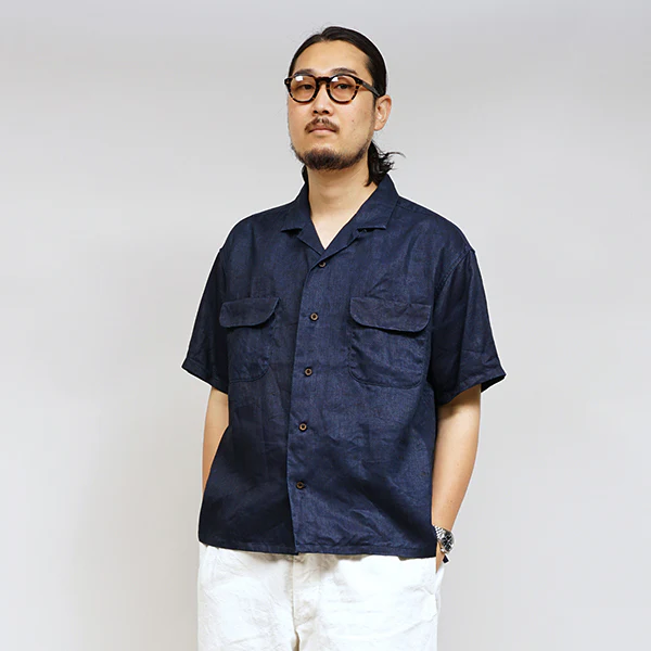 OPEN COLLAR SHIRT LINEN INDIGO / INDIGO