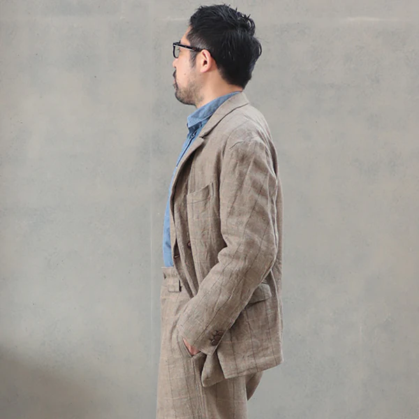 OX'ED SILVER / ENGINEER DB JACKET HEMP LINEN CHECK / GREEN - Image 11